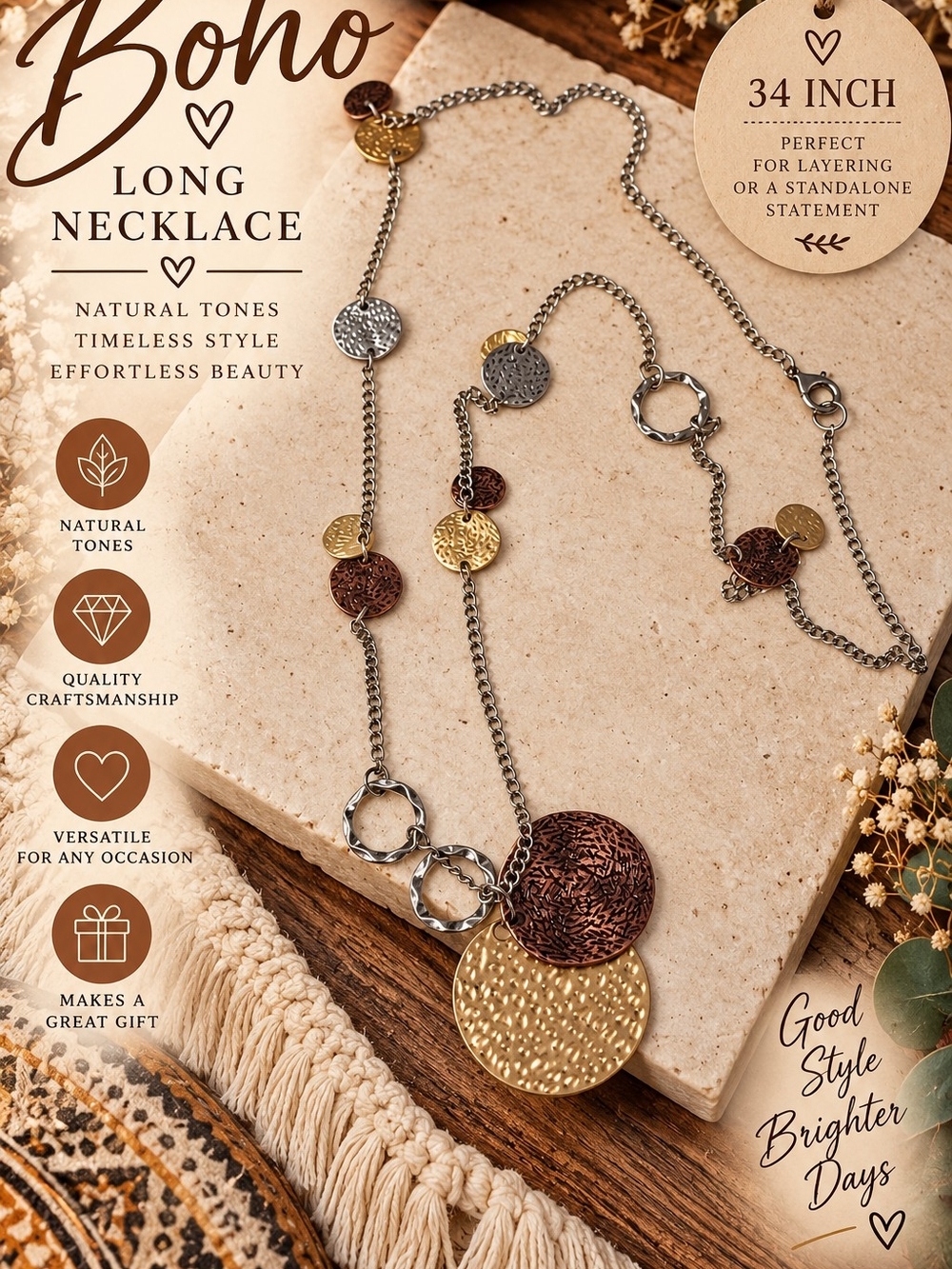 702 Boho Multi-Tone Disc Long Necklace — Gold, Copper & Silver